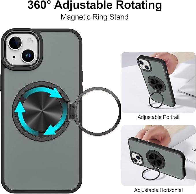 ZIYE Black Case for iPhone 14 Plus Case with Stand [Compatible with MagSafe] Slim Heavy Duty Protection Military Grade Shockproof Magnetic Cover with 360 Rotatable Ring Kickstand for Women Men