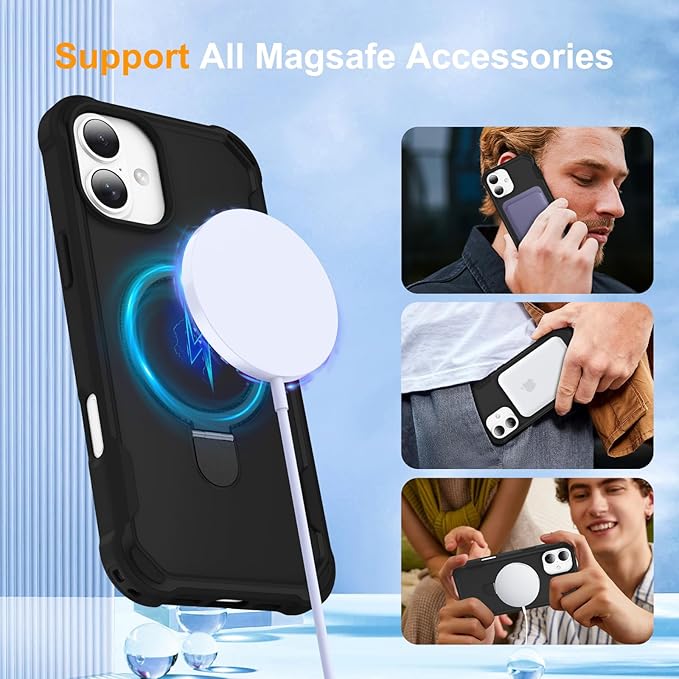 Compatible with iPhone 16 Plus Case with Invisible Magnetic Ring Stand [Compatible with Magnetic] [Military Drop Protection] Shockproof Slim Hard Back Soft Edge Case 6.7 Inch, Black