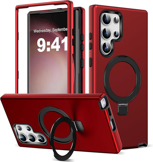 Designed for Samsung Galaxy S23 Ultra Case with Magnetic Ring Stand [Compatible with Mag-Safe][Build in Kickstand][Military Grade Drop Protection] Shockproof S23 Ultra Phone Case 6.8",Red
