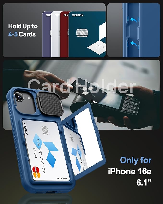 for iPhone 16e Case with Card Holder, Built-in Stand & Camera Lens Cover, Shockproof Rugged Silicone Raised Edge Protective Multifunctional Wallet Phone Case for iPhone 16e 6.1" 2025, Blue