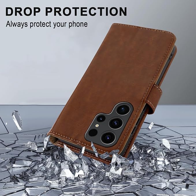 MONASAY Wallet Case Compatible for Galaxy S23 Ultra 5G,[RFID Blocking] Flip Folio Leather Cell Phone Cover with Credit Card Holder, 6.8 inch, Brown