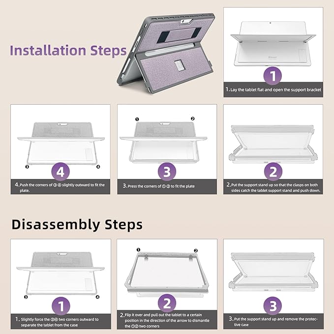 Case fit Microsoft Surface Pro 11/10/9/8 13-Inch, with Stent Cover, Hand Strap, All-in-one Rugged Case Compatible with Type Cover Keyboards,Light Purple