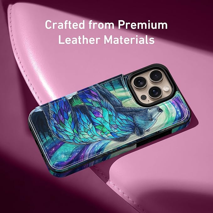 FUNMIKO for iPhone 16 Pro Max Wallet Case with Card Holder, RFID-Blocking, Military-Grade Protection & UV-Printed Artwork, Magnetic Closure with Leather Kickstand - Prismatic Aurora Bear
