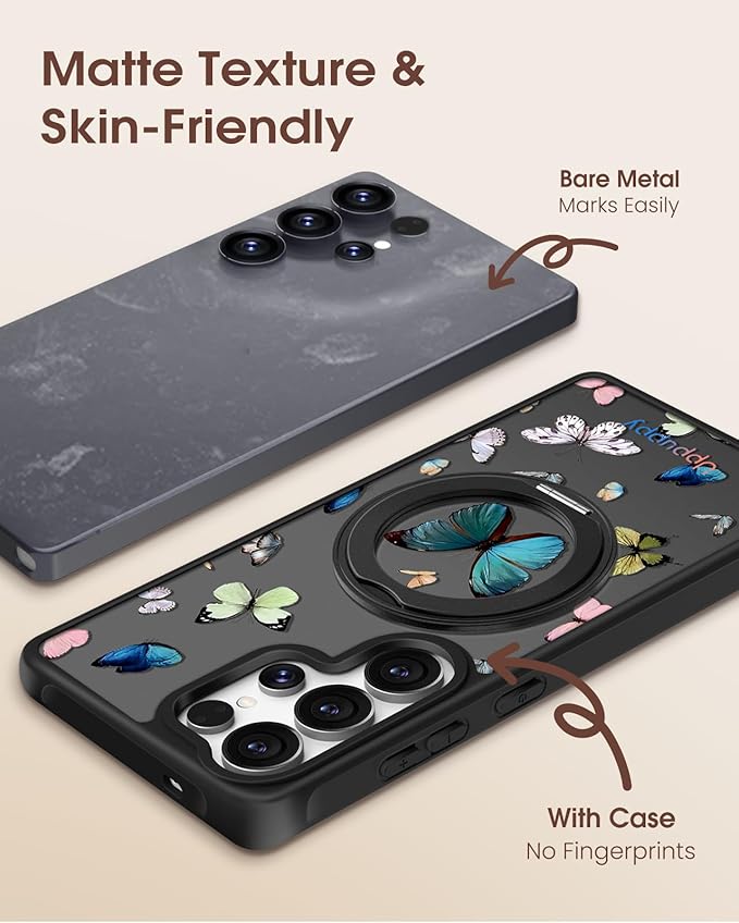 for Samsung Galaxy S25 Ultra Case with 360° Rotatable Magnetic Ring - Compatible with MagSafe, Semi-Transparent Soft-Touch Material Shockproof, Cute Butterfly Design for Women Girl