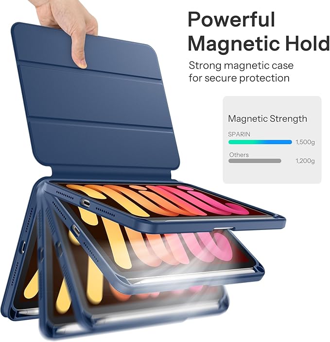 SPARIN Case for iPad mini 7 A17 Pro 2024/iPad Mini 6 2021 8.3 Inch, Detachable Magnetic Cover, Portrait/Landscape Stand with Pencil Holder, Support Auto Wake/Sleep (Navy Blue)