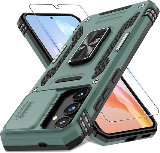 DEERLAMN Case for Samsung Galaxy S25 6.2-Inch with Slide Camera Cover+Screen Protector (1 Pack), Rotated Ring Kickstand Military Grade Shockproof Protective Cover-Green