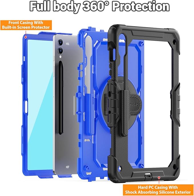 SEYMAC Case for Samsung Galaxy Tab S10+ Plus 2024/ S9 FE+ Plus/ S9+ Plus 12.4" 2023, Heavy Duty Shockproof Protective Case with Screen Protector, Stand, Hand/Shoulder Strap and Pen Holder, Blue