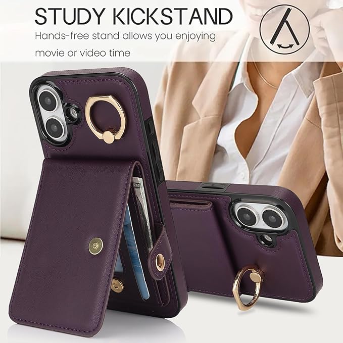Compatible iPhone 16 Wallet Case with Card Holder RFID Blocking PU Leather Doubles as a Wallet Unisex Flip Shockproof Protection with Card Slots Ring Wrist Kickstand Function,Purple