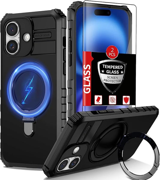 for iPhone 16 Case Magnetic Compatible with MagSafe Wireless Charging,with 2 Screen Protectors,Built-in Kickstand Ring,Shockproof Shock-Absorbent Scratch Resistant Heavy Duty Protection Black