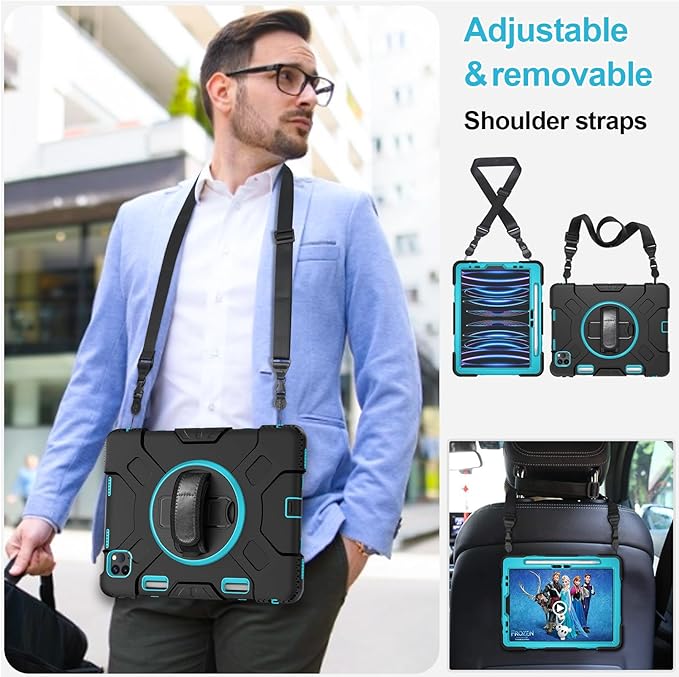 Case for iPad Pro 11 Inch 2022/2021/ 2020/2018: Silicone Cover for iPad 11 Inch 4th/ 3rd/ 2nd/ 1st/ Generation with Screen Protector- Stand- Handle- Shoulder Strap- Pencil Holder- Mint Green