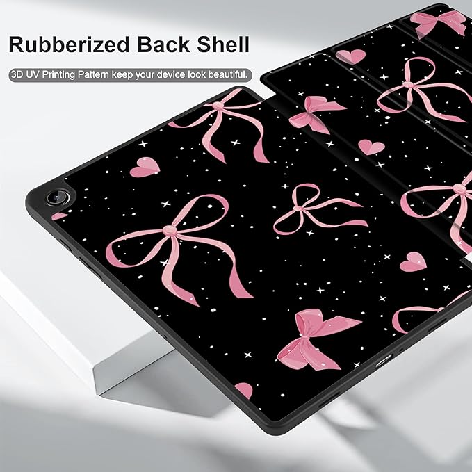 MEEgoodo Case for Samsung Galaxy Tab A9 Plus 11 inch Cover 2024 2023 with S Pen Holder, A9+ Smart Tablet Cases with Leather Trifold Stand+Soft TPU Back Shell+Smart Auto Wake/Sleep, Pink Ribbons Bows