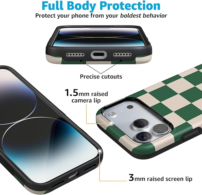 Casely iPhone 17 Pro Case | Fit Check | Green Checkerboard | Compatible with MagSafe | Bold Protective Design