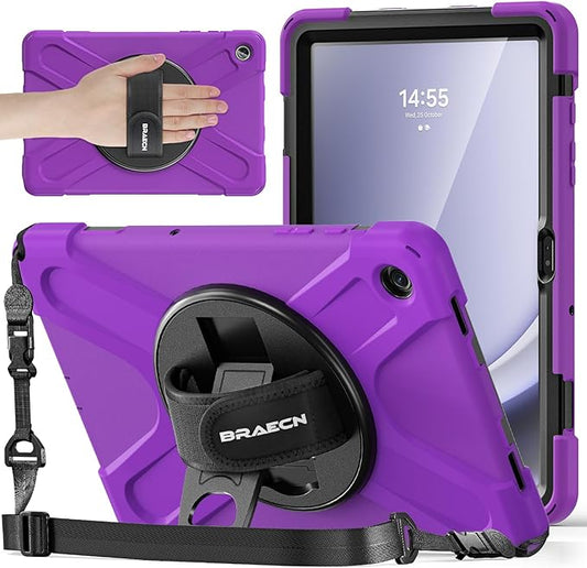 BRAECNstock for Samsung Galaxy Tab A9+ Plus Case 11 inch (SM-X210/X216/X218) Shockproof Protective Kids Case with Screen Protector Pen Holder [360° Rotating Hand Strap+Stand], Purple