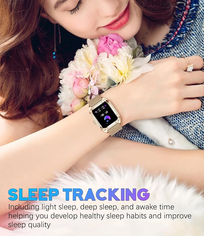 Smart Watch for Women, 1.59'' Full Touch Women's Smartwatch with Female Health Tracking, Fitness Tracker Heart Rate Monitor, Waterproof Sports Smartwatch for Android iOS (Gold Mesh RT-i98)