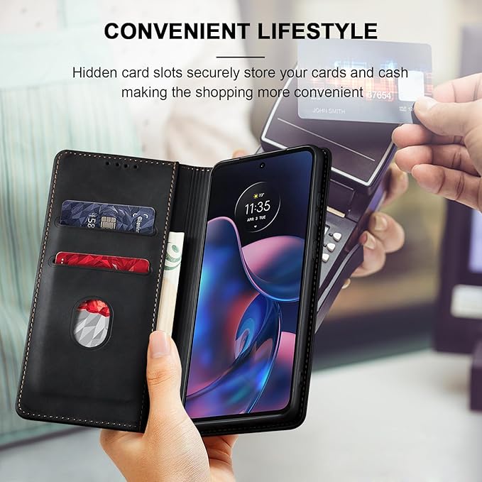 Jasonyu Flip Wallet Case for Motorola Edge (2022) Moto,Leather Magnetic Folio Cover with Card Holder,Kickstand - TPU Shockproof Durable Protective Phone Case,Black
