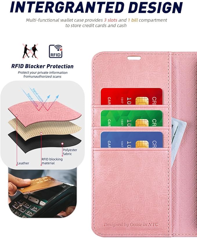 OCASE Compatible with Galaxy S24 5G Wallet Case, PU Leather Flip Folio Case with Card Holders RFID Blocking Kickstand [Shockproof TPU Inner Shell] Phone Cover (2024), Pink
