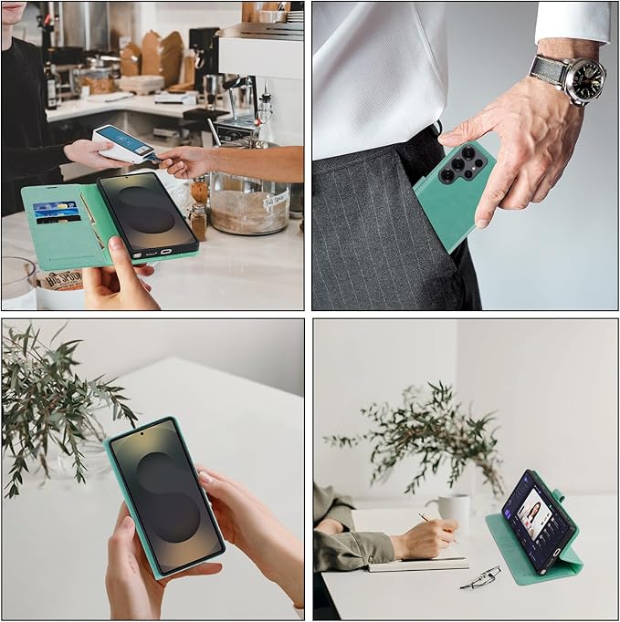 MONASAY Wallet Case Fit for Samsung Galaxy S25 Ultra 6.9 inch, [Lens & Glass Screen Protector Included] [RFID Blocking] Flip Folio Leather Cell Phone Cover with Credit Card Holder, Mint