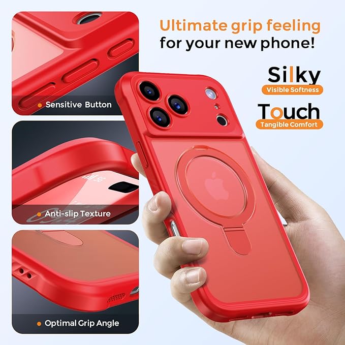 MOCCA Compatible with iPhone 17 Pro Case with Magnetic Invisible Stand [Full Camera Protection] [Compatible with Magsafe] Military Drop Shockproof Translucent Matte Phone Case Cover 6.3",Red