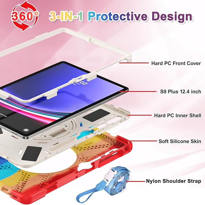 BRAECNstock Kids Case for Samsung Galaxy Tab S10+ Plus/ S9 FE+ Plus/ S9+ Plus/ S8+ Plus/ S7 FE/ S7+ Plus 5G 12.4" Shockproof Protective Cover with Pen Holder Rotating Hand Strap & Stand - Colorful Red