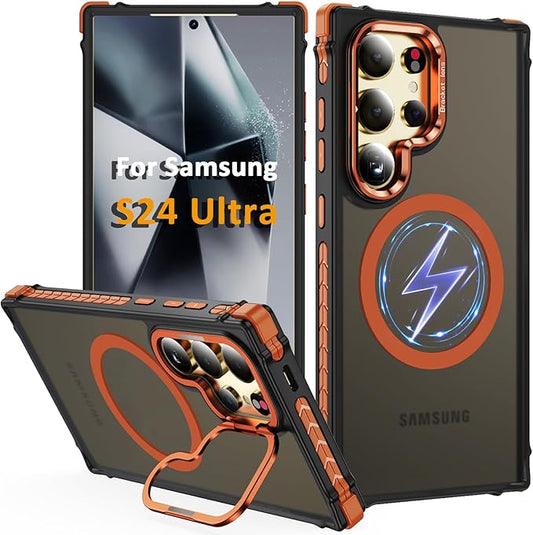 Magnetic for Samsung Galaxy S24 Ultra Case Orange Fit for MagSafe Military-Grade Shockproof Protection Adjustable Kickstand Slim Matte Anti-Fingerprint Cover Men Women