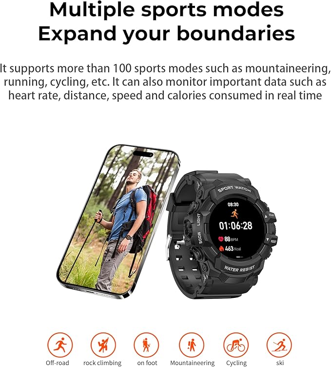 MIDDOW Military Smart Watch with Flashlight (Answer/Make Call) Compass, Heart Rate/Sleep/Pedometer/100+ Sports Modes, Fitness Tracker IP68 Waterproof, Long Battery Life Android & iOS (Black)