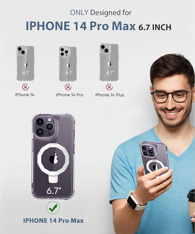 Compatible with iPhone 14 Pro Max Case, Built-in Screen Protector & Seamless Stand, with Camera Lens Protector, Strong Magnetic Clear Phone Case, Full Body Protective Cover for 6.7" (Clear)