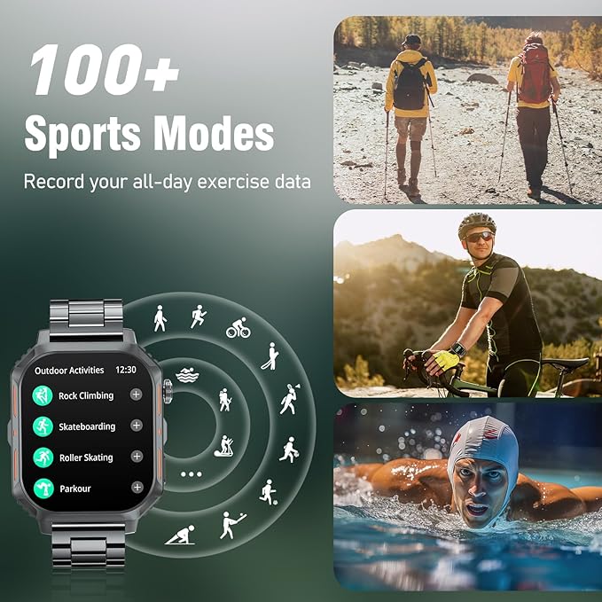 Smart Watch,2.02" Fitness Watch(Answer/Make Call),Heart Rate Sleep Blood Oxygen Monitor,5ATM Waterproof,100+ Sports Modes Activity Trackers for Compatible with Android iOS(Steel Watch Band)