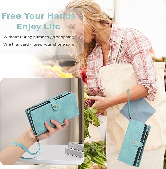 TwoHead for Samsung Galaxy S24 Ultra Wallet Case with Card Holder, Detachable Magnetic Phone Case for S24 Ultra,PU Leather All-Round Protective Phone Case Wallet with Wrist Strap,Blue