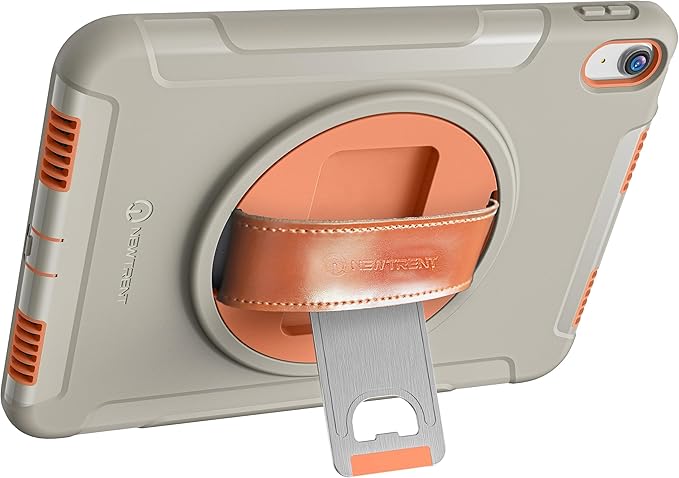 Original Rugged iPad Case for iPad 11 (A16) 11-inch (2025) & iPad 10th Gen 10.9-inch (2022) | 360° Rotating Kickstand, Genuine Leather Hand Strap, Built-in Screen Protector (Orange Grey)