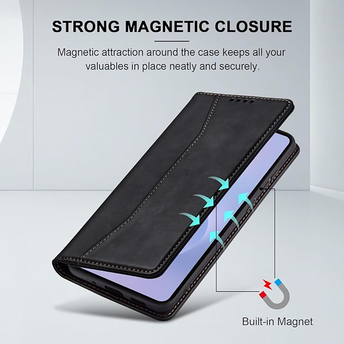 Jasonyu Flip Wallet Case for Samsung Galaxy S25 Edge 5G,Leather Magnetic Folio Cover with Card Holder,Kickstand - TPU Shockproof Durable Protective Phone Case,Black