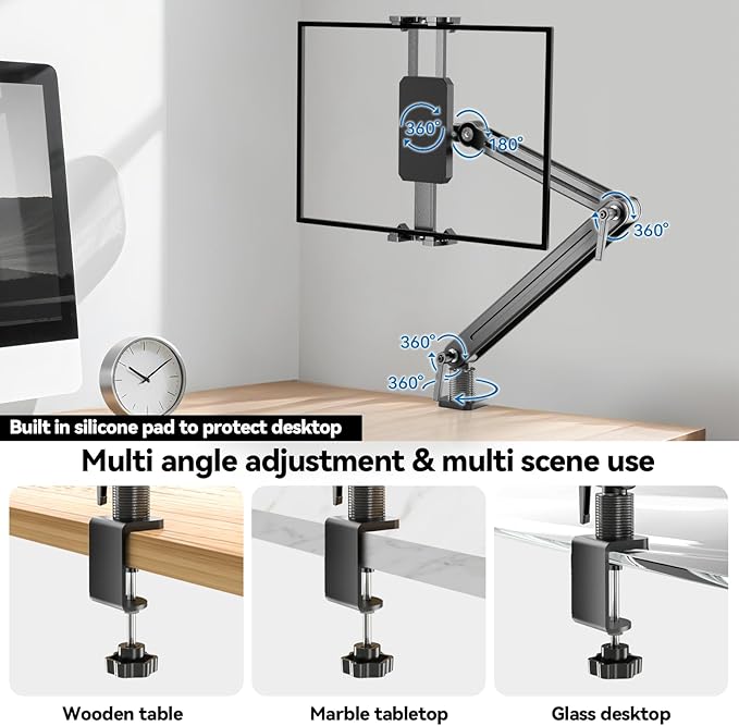 Portable Monitor Stand Desk Mount - Strong Bearing Weight Over 5.5lbs, Large Clamp Support up to 18.5 inch 360° Rotating Base Swivel Tall Desk Arm Holder for iPad Air/Pro/Mini