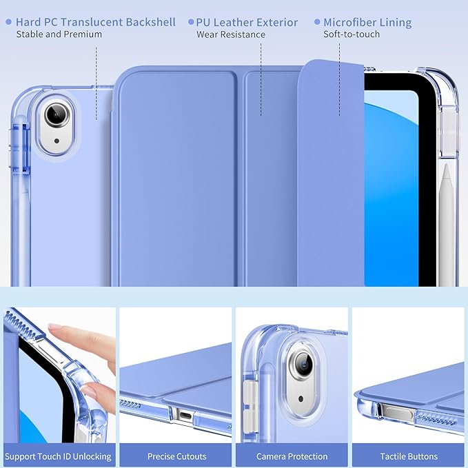 MoKo for iPad (A16) 11th Generation Case 11 Inch 2025, iPad 10th Generation Case 10.9 Inch 2022 with Pencil Holder, Slim Light Trifold Protective Cover with Hard PC Translucent Back Shell, Periwinkle