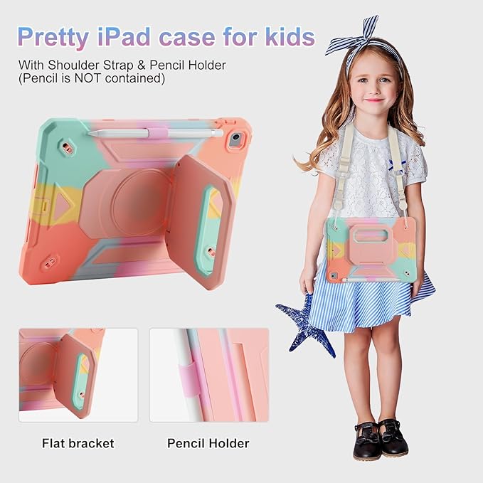 for iPad 9th/ 8th/ 7th Generation Case (iPad 10.2 inch Shockproof Case) with 360 Rotating Grip Magic Stand, Pencil Holder/Keychain/Carrying Shoulder Strap, for iPad 10.2 inch Girls (Colourful)