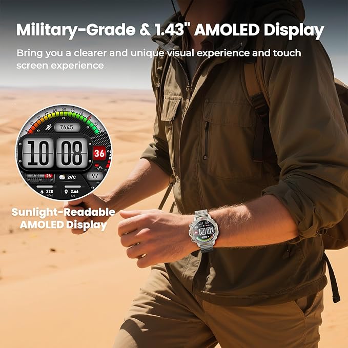 WalkerFit Military Rugged Smart Watch for Men 1.43" AMOLED Smartwatch, Always-on, 3ATM Waterproof for Swim,Accurate HR Sleep Monitor,Bluetooth Call Fitness Watch for iPhone Andriod Compatible, Silver