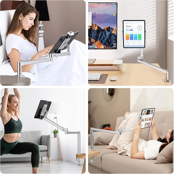 elitehood iPad Holder Stand for Desk & Bed, 28-inch Tablet Arm Mount with Clamp, Easy Adjustable Aluminum iPad Desk Mount for Office Home, Compatible with 4/7-13in Tablets and Cell Phones, Sliver