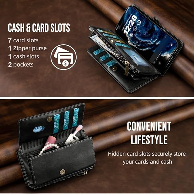 for iPhone 17 Wallet Phone Case with 7 Card Holder,RFID Blocking | PU Leather | Kickstand | Flip | Wrist Strap&Shoulder Strap | Shockproof | Zipper Wallet | Women Men | 6.3" | Black