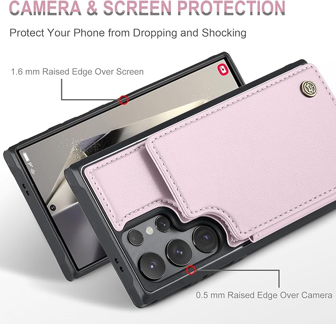 Vinich for Samsung Galaxy S25 Ultra Wallet Case with Card Holder, RFID Blocking Credit Slots Kickstand Shockproof Phone Cover for Women Men, Pink