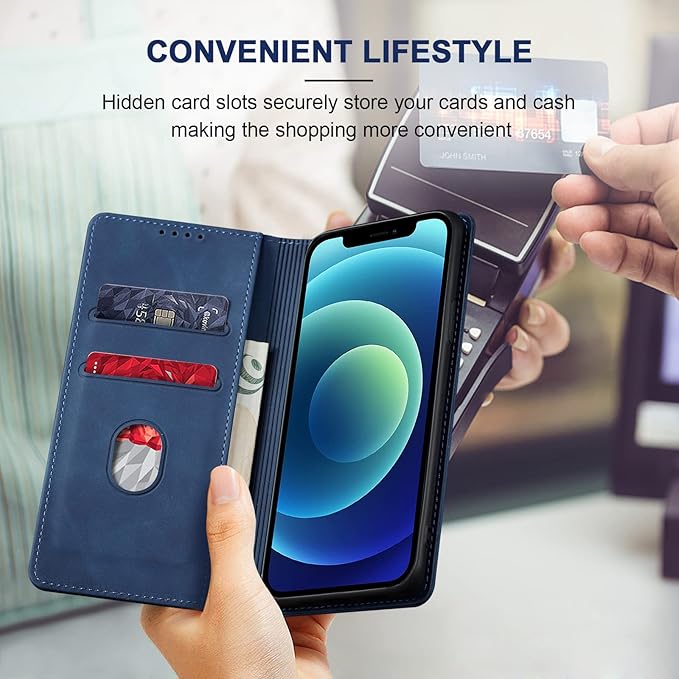 Jasonyu Flip Wallet Case for iPhone 12/12 Pro,Leather Magnetic Folio Cover with Card Holder,Kickstand - TPU Shockproof Durable Protective Phone Case,Blue