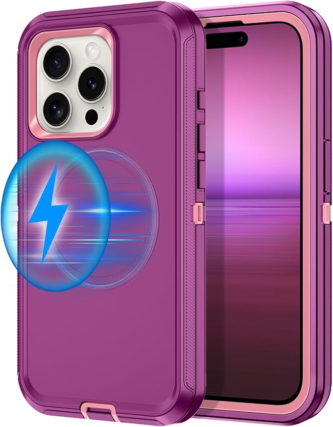 for iPhone 15 Pro Case [Compatible with MagSafe] Shockproof 3-Layer Full Body Protection Rugged Heavy Duty Cover Case for Apple iPhone 15 Pro 6.1",Purple/Pink