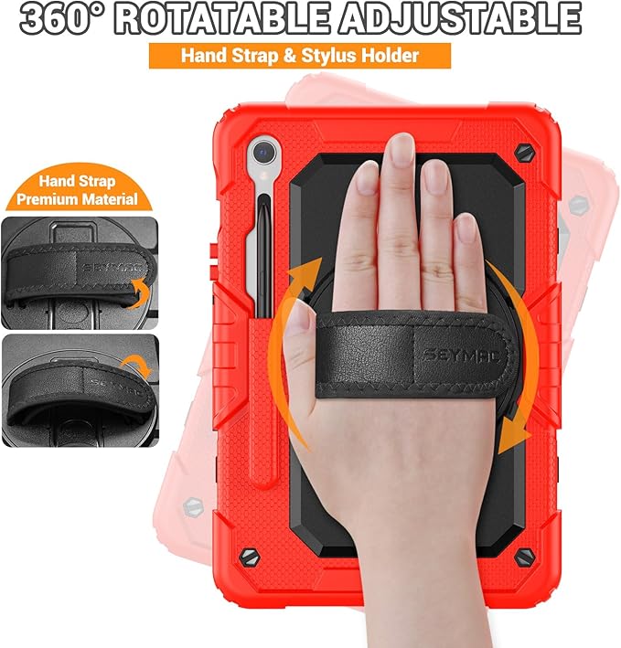 SEYMAC Case for Samsung Galaxy Tab S10 Lite/ S10 FE/ S9 FE/ S9 5G (10.9''/11''), Heavy Duty Shockproof Protective Case with Screen Protector, Rotating Stand, Hand Strap and Pen Holder, Red