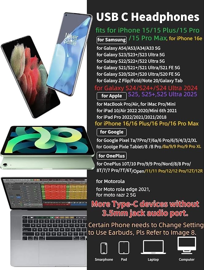 USB C Headphone Type C Earphone Magnetic Wired Earbuds for iPhone 17 Pro Max 16 16e 15 Plus for Samsung S25 S24 A53 A54 S23 FE for iPad A16 10 Pixel 8 9 Noise Canceling in-Ear Headset with Microphone