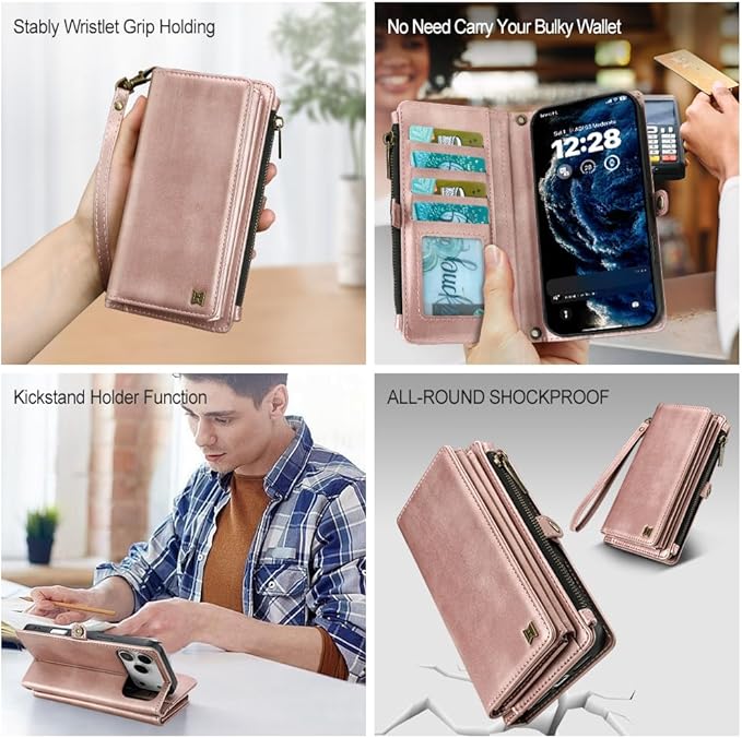 for iPhone 17 Pro Wallet Phone Case with 7 Card Holder,RFID Blocking | PU Leather | Kickstand | Flip | Wrist Strap&Shoulder Strap | Shockproof | Zipper Wallet | Women Men | 6.3" | Rose Gold