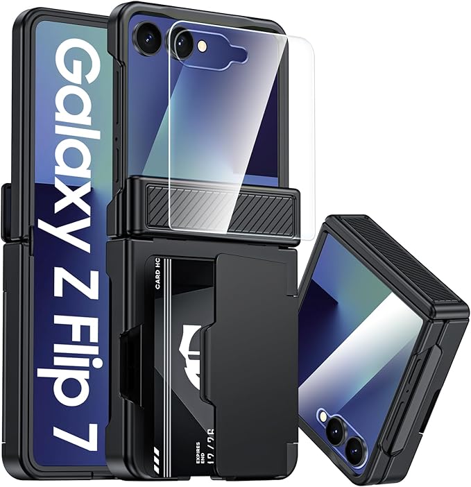 CENMASO for Samsung Galaxy Z Flip 7 Case with Card Holder [RFID Blocking] & Hinge Protection & HD Screen Protector, Rugged Anti-Scratch Full-Body Shockproof Phone Case for Z Flip 7-Black