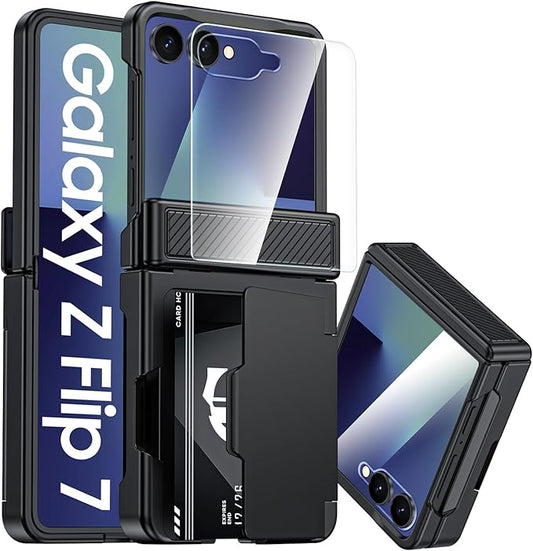 CENMASO for Samsung Galaxy Z Flip 7 Case with Card Holder [RFID Blocking] & Hinge Protection & HD Screen Protector, Rugged Anti-Scratch Full-Body Shockproof Phone Case for Z Flip 7-Black