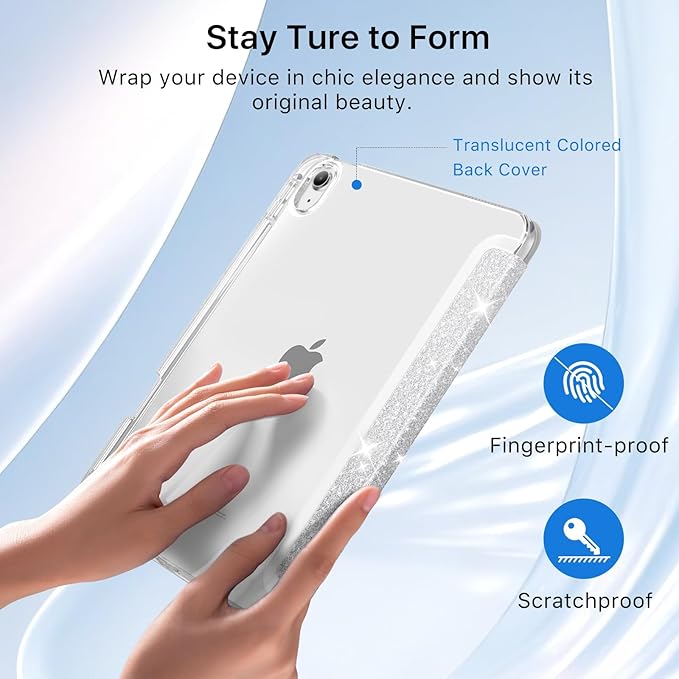 MoKo for iPad (A16) 11th Generation Case 11 Inch 2025, iPad 10th Gen Case 10.9 Inch 2022 with Pencil Holder, Slim Light Trifold Protective Cover with Hard PC Transparent Back Shell, Sparkling Silver