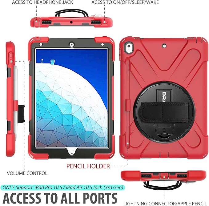BRAECN for iPad Air 3rd Generation/Pro 10.5''Case with Pencil Holder, Kickstand/Hand Strap & Shoulder Strap,Heavy Duty Protection Childproof Silicone Kids Case for iPad AIir 3 2019/Pro 10.5 inch-Red