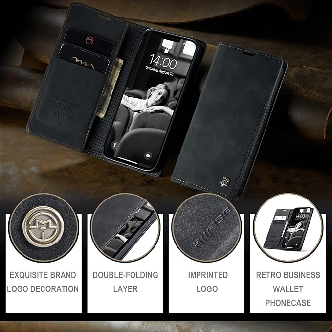 for iPhone 13 Case, Flip Wallet Leather Case with Card Holder Magnetic Closure Shockproof Kickstand Protective Phone Cases Cover for iPhone 13, Black