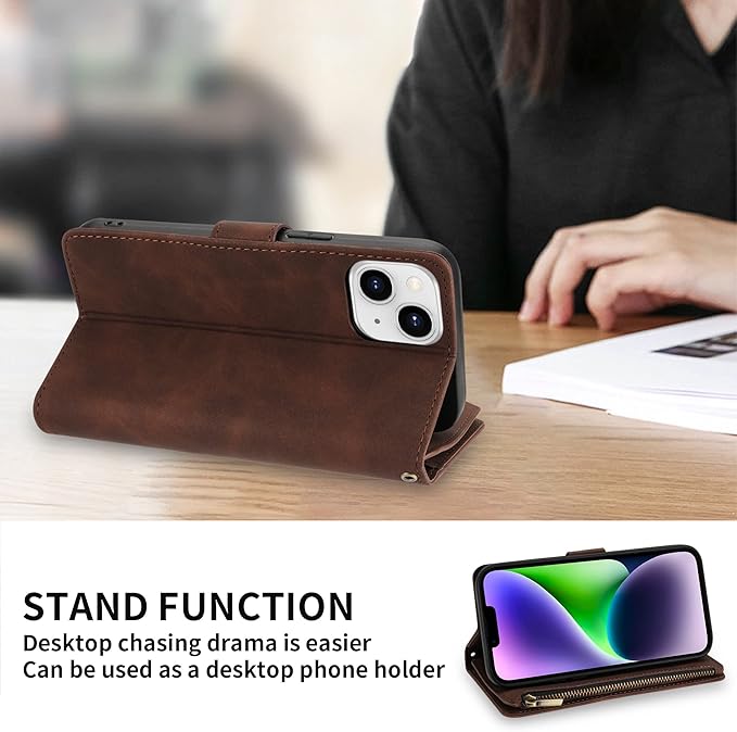 ZZXX For iPhone 14 Plus Case Wallet With [RFID Blocking] Card Slot Premium Soft PU Leather Zipper Flip Folio With Wrist Strap Kickstand Protective Cover For iPhone 14 Plus Wallet Case(Coffee-6.7 inch)