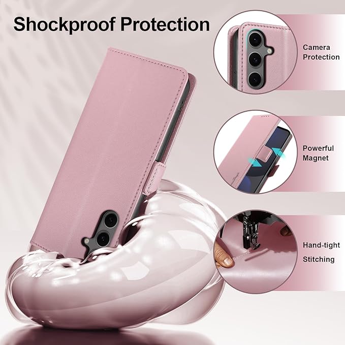 Wallet Flip Case for Samsung Galaxy S24 FE 5G - [RFID Blocking] Luxury PU Leather Card Holder Magnetic Phone Cover with Kickstand,Shockproof Protective Case,Pink