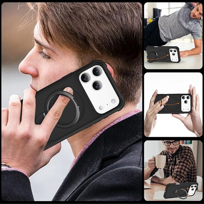 Designed for iPhone 17 Pro Max Case with Magnetic Stand [Military Drop Protection][Compatible with Magnet] Shockproof 17 Pro Max Phone Case with Ring Holder, Black